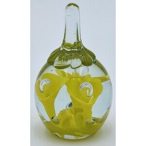 VTG Beautiful JOE ST. CLAIR 4" controlled bubble Yellow Trumpet Flower ART Glass